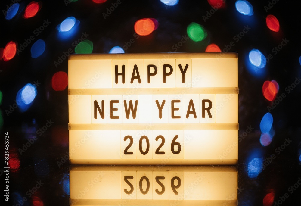 Obraz premium Illuminated sign celebrating happy new year 2026 with festive lights