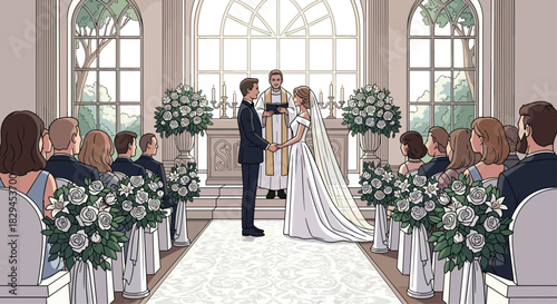 Beautiful wedding ceremony with happy couple exchanging vows in stunning chapel with elegant flower arrangements