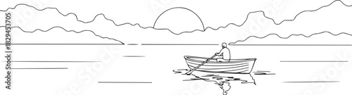 Solitude journey: A lone rower embracing the sunset in peaceful