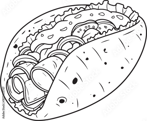 Detailed line art illustration of a delicious and savory gyro wr