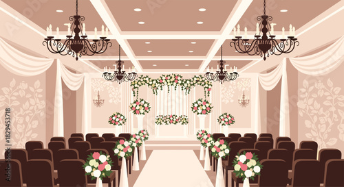 Elegant wedding venue adorned with chandeliers and floral arrangements ready for the ceremony to begin beautifully