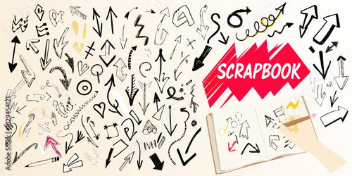 Hand drawn arrows and sketchbook with hand adding arrows to page