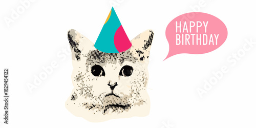 Cute cat wearing party hat with happy birthday speech bubble