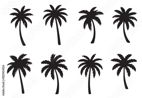Six Black Silhouette Palm Trees Against a White Background