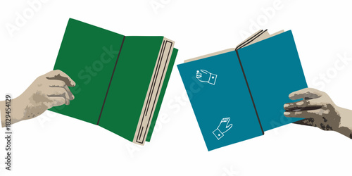 Hands holding open books green and blue reading and knowledge concept