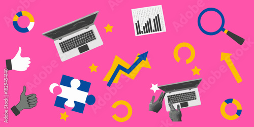 Business and finance concepts with laptops charts and growth arrows on pink