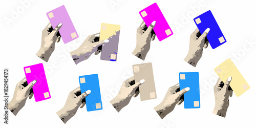 Hands holding colorful cards on white background graphic illustration