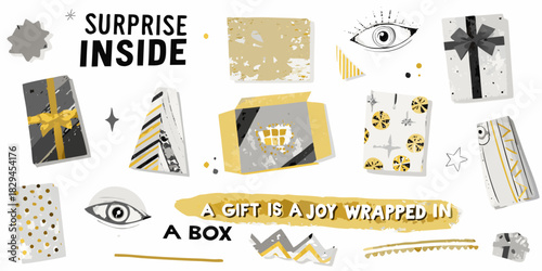 Surprise inside gift boxes and eye illustrations on white background