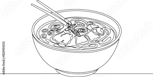 Minimalist noodle soup illustration with chopsticks, a culinary