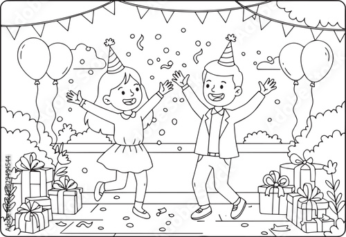 Celebratory outline illustration of children enjoying a party wi