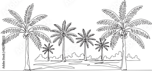 Continuous line drawing illustration of palm trees on a tropical