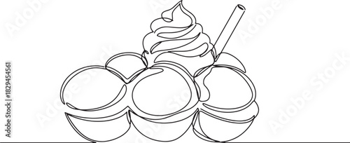 Continuous line art of delicious dutch poffertjes, dessert for m
