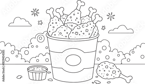 Delicious Bucket of Fried Chicken Line Art Illustration for Colo