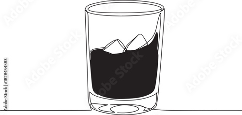 Minimalist line drawing showcasing a glass of amber liquor on ic