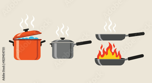 Cooking up delicious meals with vibrant pots and pans for your next culinary project or recipe card design needs today