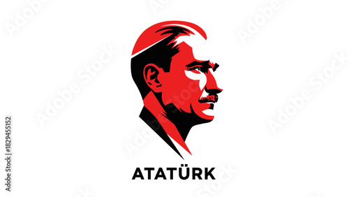 Stylized red and black portrait of Mustafa Kemal Ataturk.