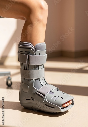 Fracture boot on leg resting on floor in a clinical environment  