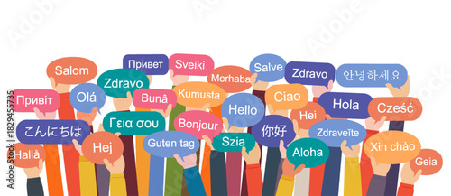 Crowd of human hands raised up with bubbles saying hello in different languages ​​of the world.