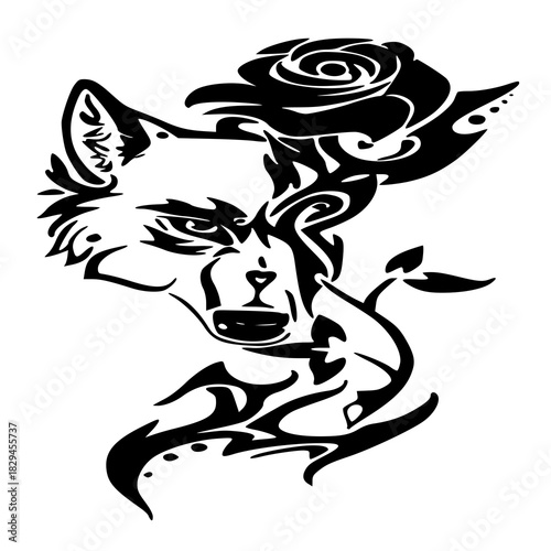 wolf vinyl ready vector illustration , wolf and rose tattoo 