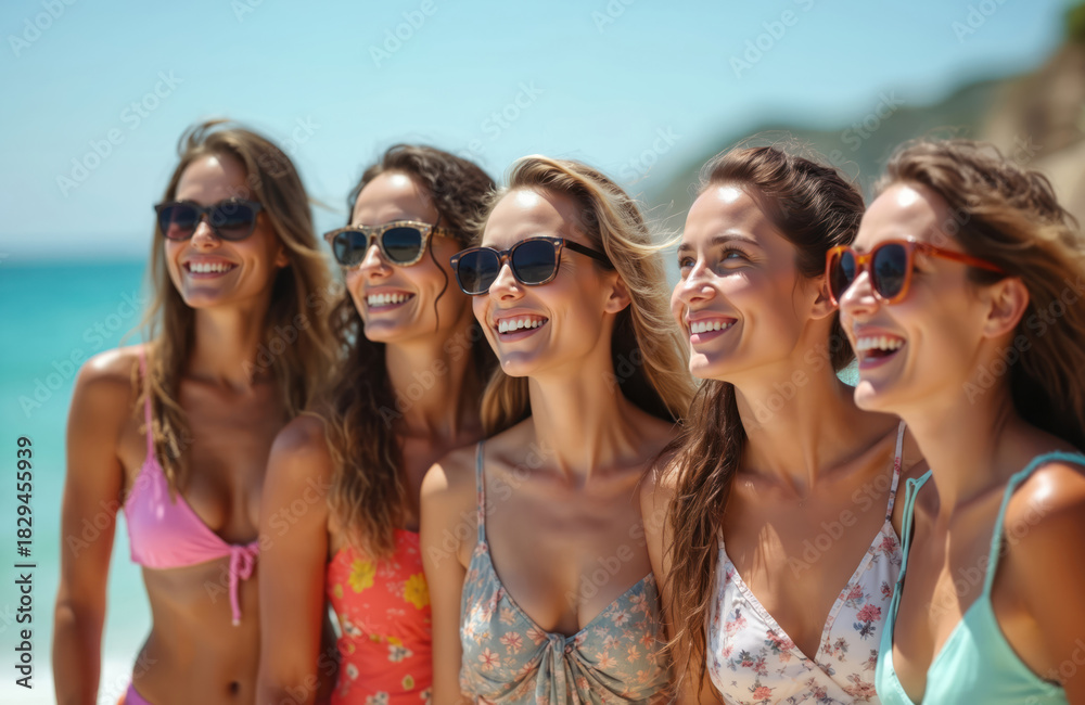 Fototapeta premium Group of beautiful women enjoying beach. Girls smile wear sunglasses at seaside. Friends relax have fun on summer vacation at sea. People happy outdoors.