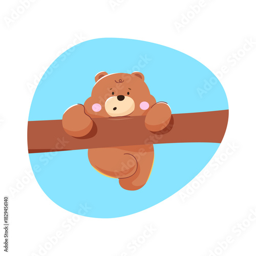 Cute bear cub hanging on a cute branch, hand drawn.