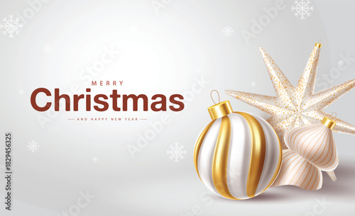 Christmas background featuring gold and white ornaments with gentle snow accents vector illustration