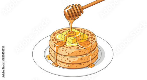 Golden honey drizzling over stacked crumpets with melting butter creates a mouthwatering brunch temptation