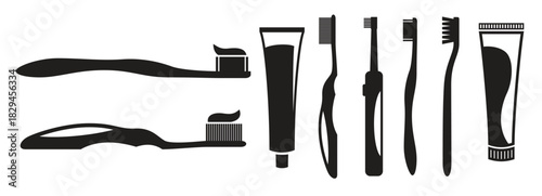 toothbrush with paste icons set