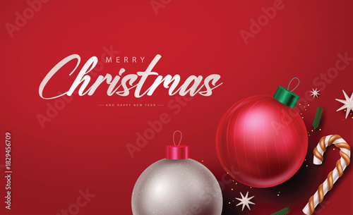 Christmas background featuring shiny ornaments and a striped candy cane. This vector illustration creates a festive greeting look and works as an editable template for seasonal artwork.