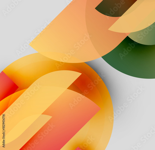 Abstract shapes overlap, creating warm color gradients. Orange, yellow, red hues dominate neutral background. Minimalist design.