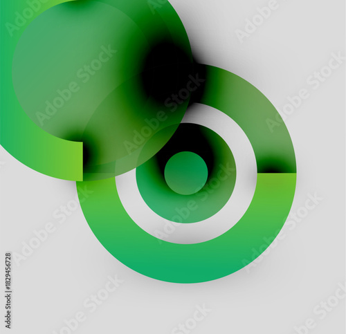 Abstract green shapes overlap, creating circular forms. Gradient shades suggest depth, minimalist design. Smooth transitions, modern aesthetic.