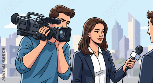 Confident businesswoman gives media interview with cameraman filming against modern city skyline backdrop, ready for broadcast