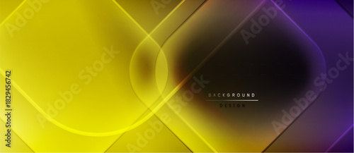 Abstract gradient background. Yellow, purple hues blend smoothly. Geometric shapes overlap creating dynamic visual effect. Modern design element.