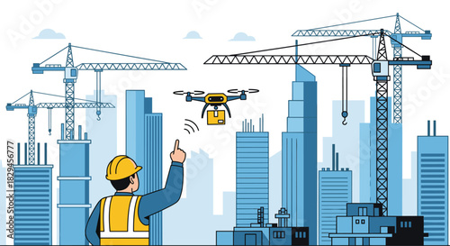 Modern construction site benefits from drone delivery watched by worker in safety gear and hardhat for efficiency and innovation