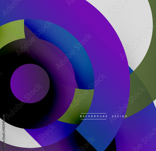 Abstract circles overlap, creating vibrant gradients. Purple, blue, green hues dominate design. Modern aesthetic, simple composition.