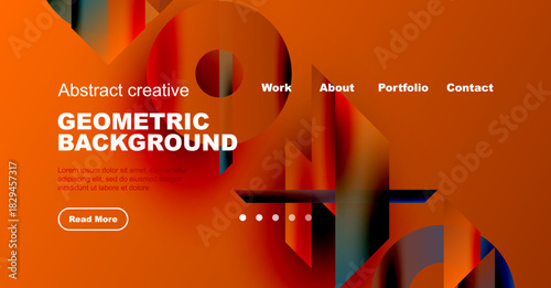 Modern website header design. Orange background features abstract geometric shapes, text, navigation menu. Simple, clean aesthetic.