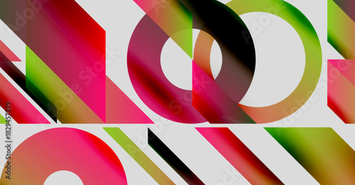 Abstract composition. Vivid gradients, geometric shapes overlap creating dynamic visual experience. Bright colors dominate canvas.