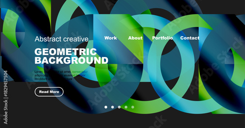 Abstract geometric background features vibrant blue, green hues. Website header includes navigation options, text, button. Modern design.