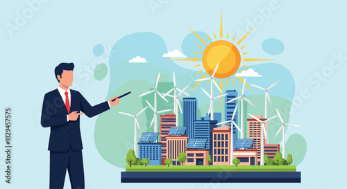 Dynamic presenter showcasing thriving eco city powered by solar panels and wind turbines under a bright sunny sky