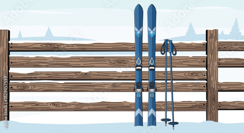 A thrilling ski adventure with this charming winter scene featuring skis and poles near a snow covered fence