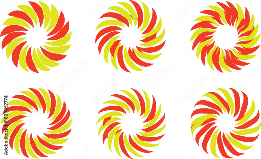 Obraz premium Colorful Spiral Pattern Illustration Featuring Red, Yellow, and Orange Pinwheel Designs in Grid Layout for Visual and Design Concepts
