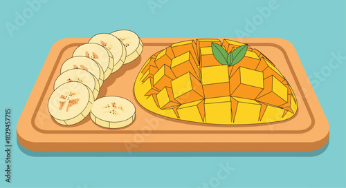 Fresh tropical fruit platter with sliced mango and bananas ready to serve for a delicious healthy treat today