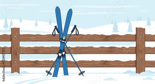 A winter adventure with skis by the snow-covered fence in a scenic mountain landscape illustration