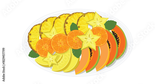 Fresh tropical fruit platter with pineapple, papaya, star fruit, and oranges offers vibrant flavors for healthy eating