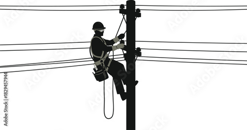 Silhouette Illustration of Utility Worker on Power Pole with Helmet and Harness for Electrical Maintenance and Infrastructure Themes