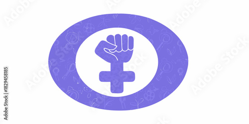 Feminist symbol with raised fist and venus symbol in purple circle