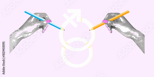 Drawing gender symbols hands with pencils creating interlocking male and female icons