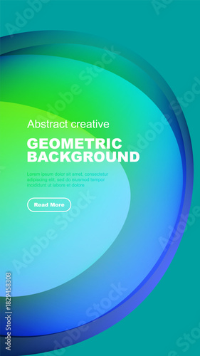 Abstract geometric background features vibrant turquoise, green hues. Text sample, button present. Modern design elements visible.