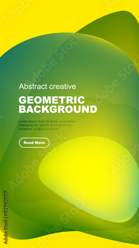 Vibrant abstract shapes overlap, creating dynamic yellow, green gradient background. Text present, button visible.