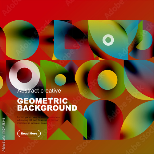 Vibrant geometric shapes overlap, creating colorful abstract background. Red, yellow, blue hues dominate design. Modern aesthetic.